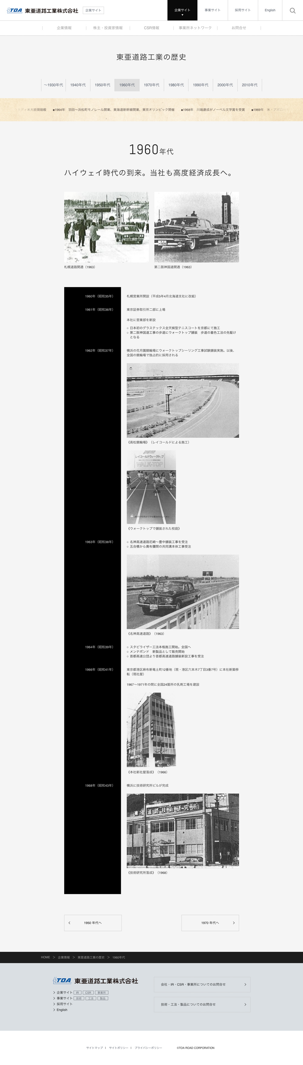 同、オフィシャルサイト内の企業サイトの「東亜道路工業の歴史」