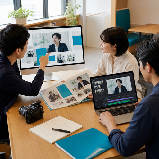 採用サイトの画面、採用パンフレット、動画編集中のノートパソコンを前に打ち合わせをする制作チーム