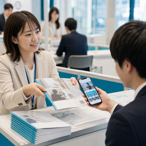説明会の会場で採用パンフレットを手渡し、求職者がスマートフォンで採用サイトを開いている様子